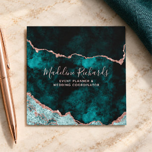 Emerald & Rose Gold Watercolor Marble Agate Gilded Square Business Card