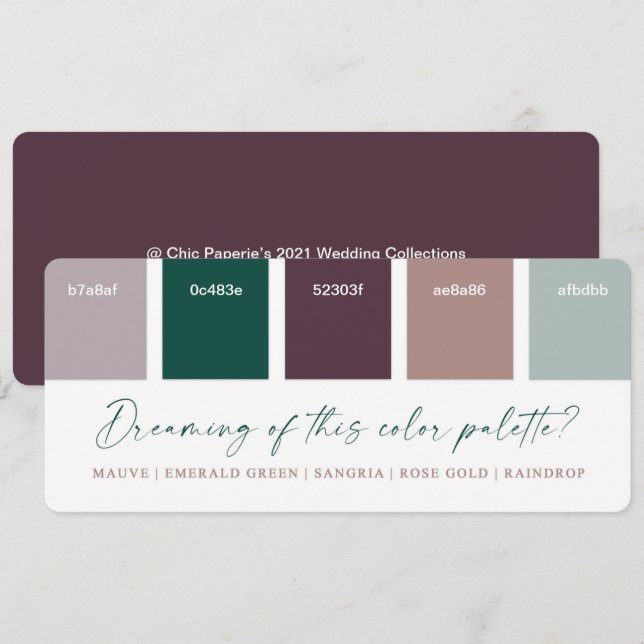 Emerald & Rose Gold Wedding Color Palette Card (Front/Back)