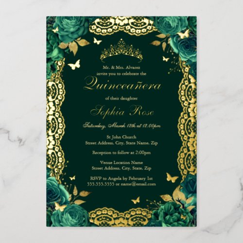 Emerald Rose Lace Butterfly Quinceanera Birthday  Foil Invitation