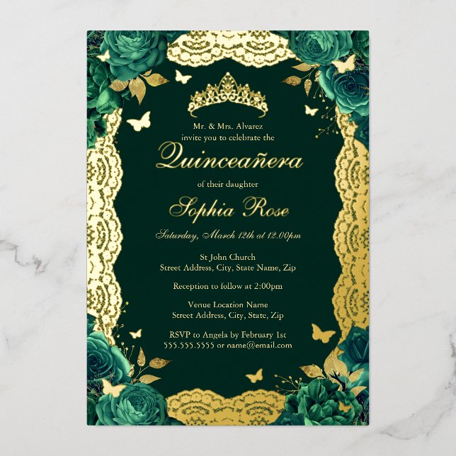 Emerald Rose Lace Butterfly Quinceanera Birthday  Foil Invitation (Front)