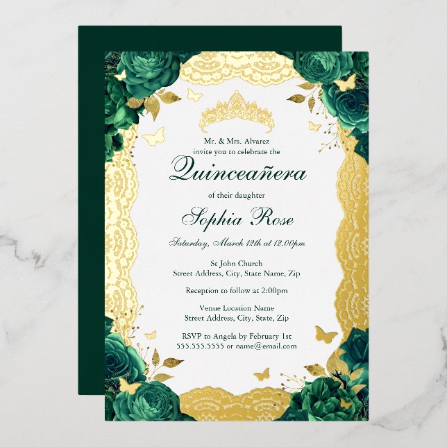Emerald Rose Lace Quinceanera Birthday  Foil Invitation (Front/Back)