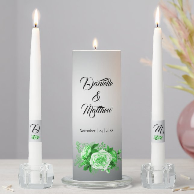 Emerald Roses and Silver Elegance Wedding Unity Ca Unity Candle Set (In Situ)