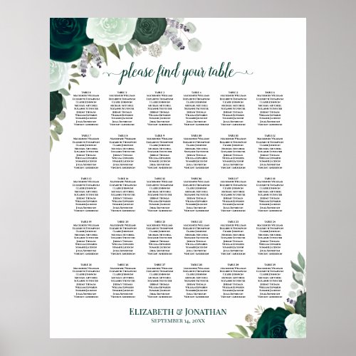 Emerald Roses Chic 30 Table Wedding Seating Chart