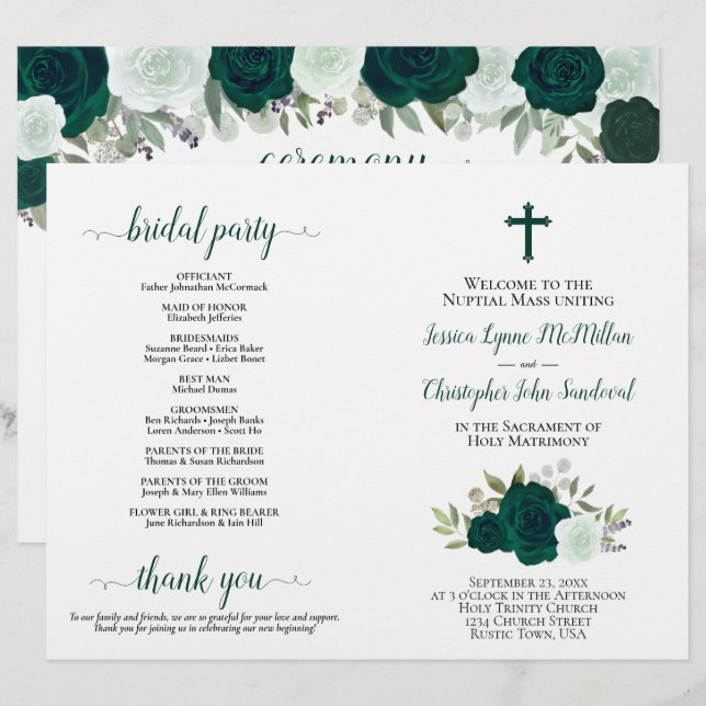 Emerald Roses DIY Fold Catholic Wedding Program (Front/Back)