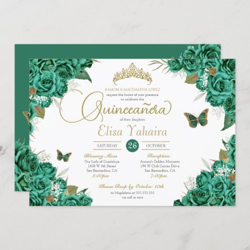 Emerald Roses Floral Tiara Butterfly Quinceanera Invitation