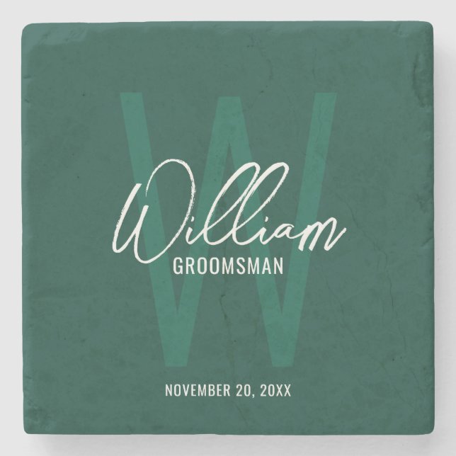 Emerald Rreen Script Personalized Groomsman's Name Stone Coaster (Front)