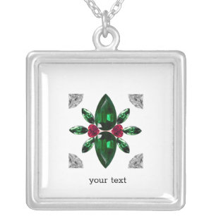 Emerald Ruby Diamond Gemstone Art Red Green Silver Plated Necklace