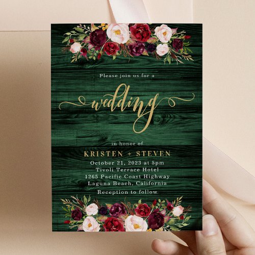 Emerald Rustic Burgundy Marsala Floral Wedding Invitation