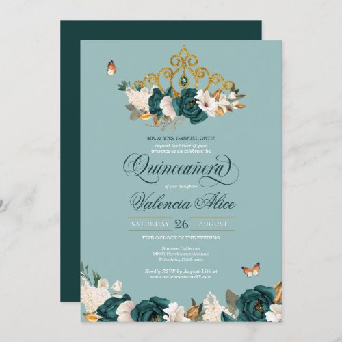 Emerald Sage Green Elegant Butterfly Quinceanera Invitation