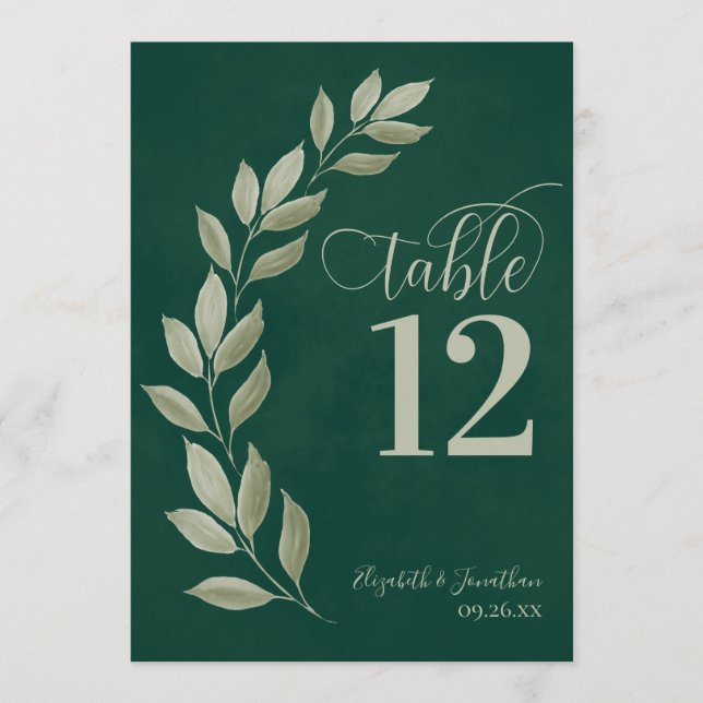 Emerald & Sage Green Leaves Modern Table Number (Front)