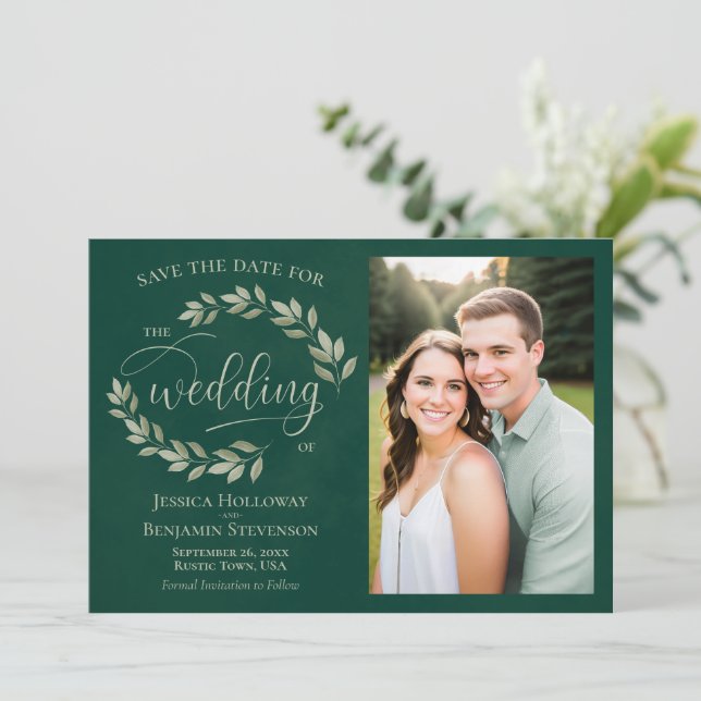 Emerald & Sage Green Leaves & Photo Rustic Wedding Save The Date (Standing Front)