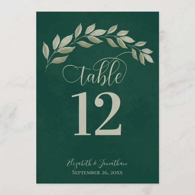 Emerald & Sage Green Leaves Rustic Table Number (Front)