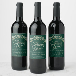 Emerald & Sage Leaves Rustic Wedding Thank You Wine Label