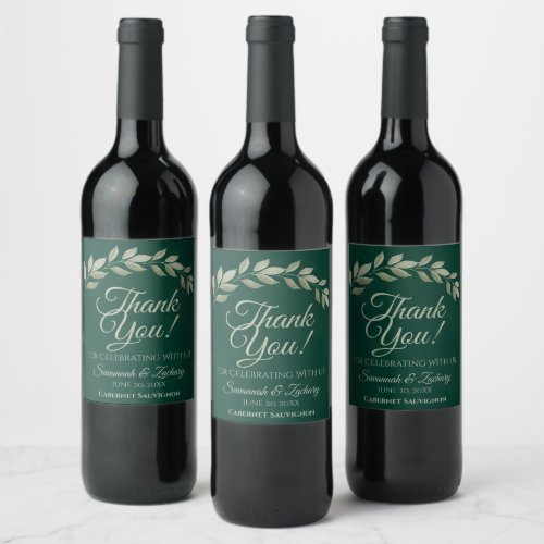  Emerald  Sage Leaves Rustic Wedding Thank You Wine Label