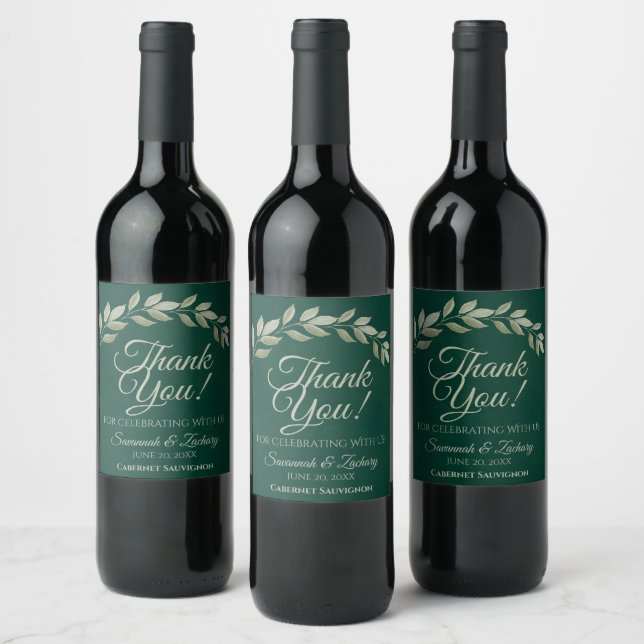  Emerald & Sage Leaves Rustic Wedding Thank You Wine Label (Bottles)