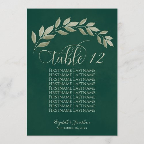Emerald  Sage Leaves Table Number with Names
