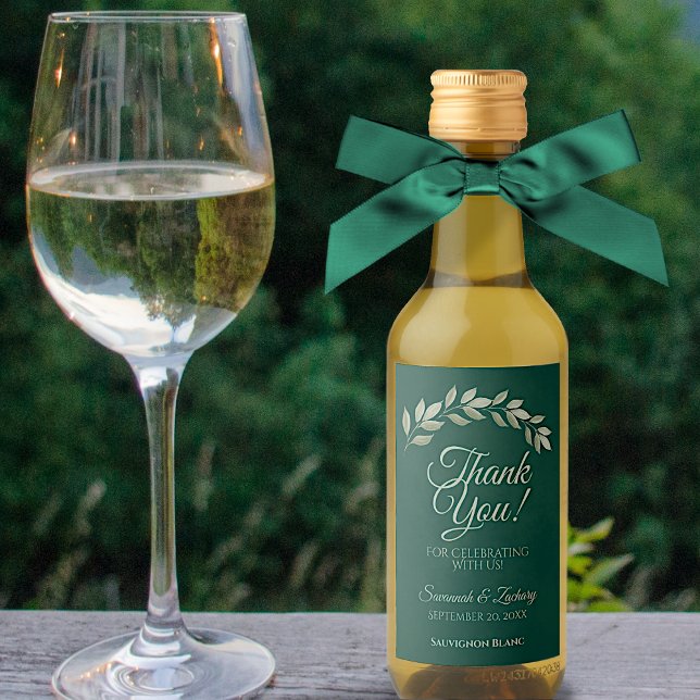 Emerald & Sage Leaves Wedding Thank You Mini Wine Label (Creator Uploaded)