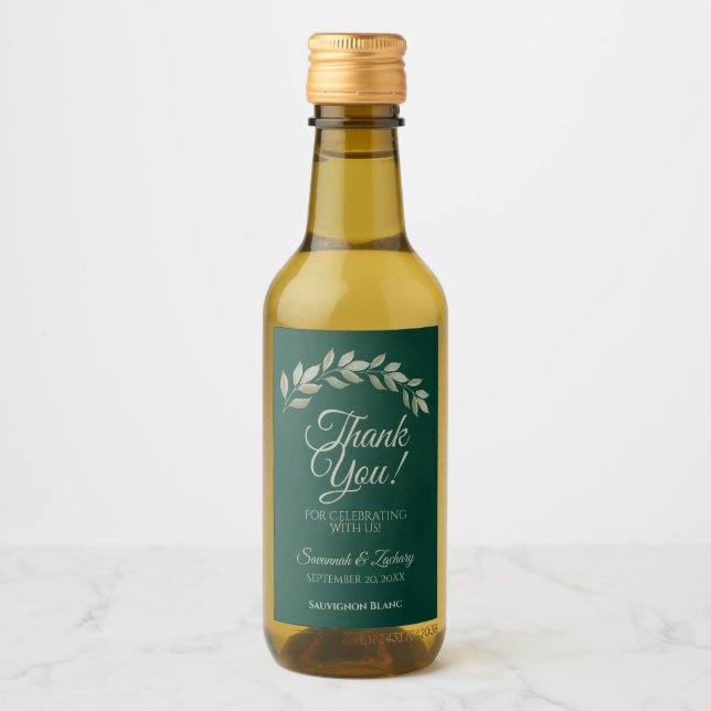 Emerald & Sage Leaves Wedding Thank You Mini Wine Label (Front)
