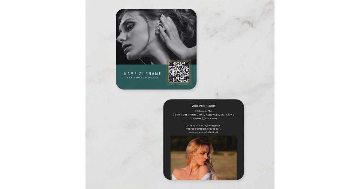 Emerald scannable barcode QR code photo Square Business Card | Zazzle