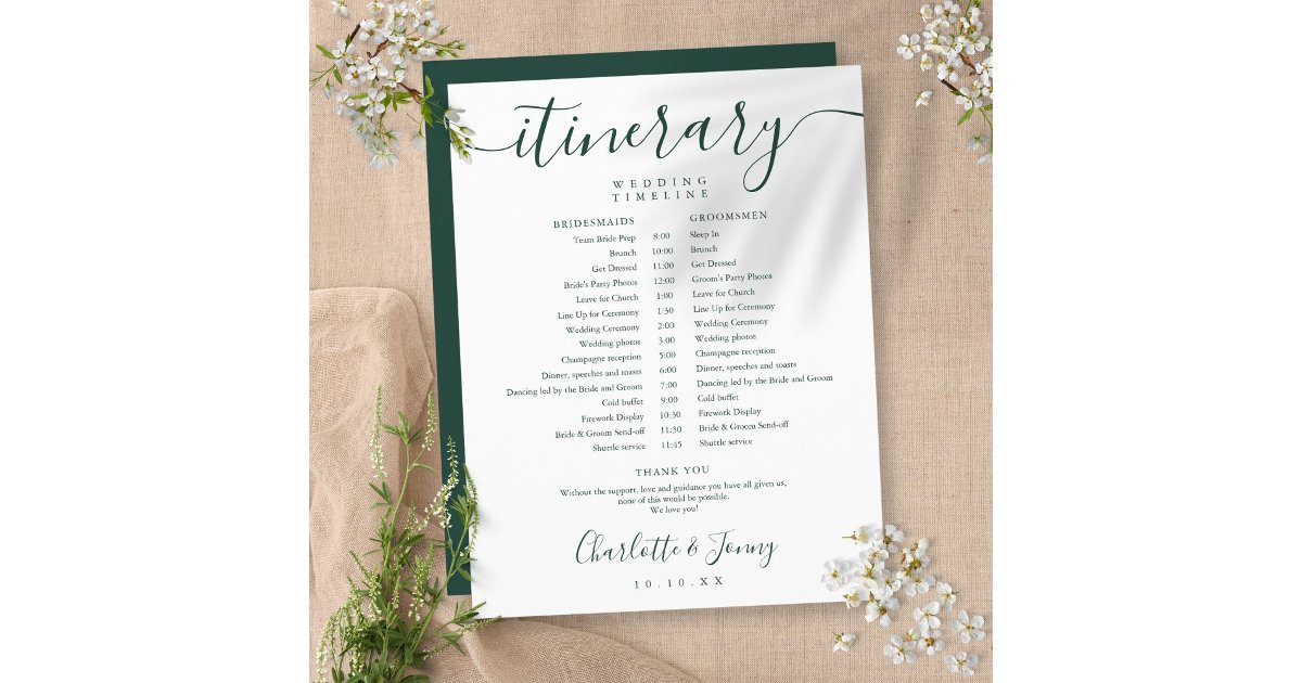 Emerald Script Schedule Wedding Itinerary Timeline | Zazzle
