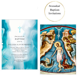 Emerald Sea Blue Orthodox Christian Baptism Invitation