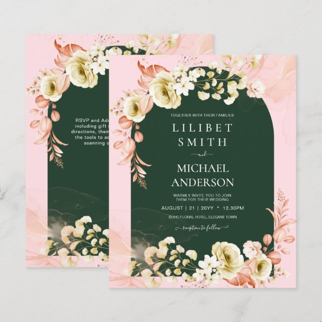 Emerald Season PINK Green Floral Wedding Invites (Front/Back)