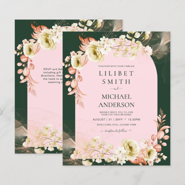 Emerald Season PINK Green Floral Wedding Invites (Front/Back)