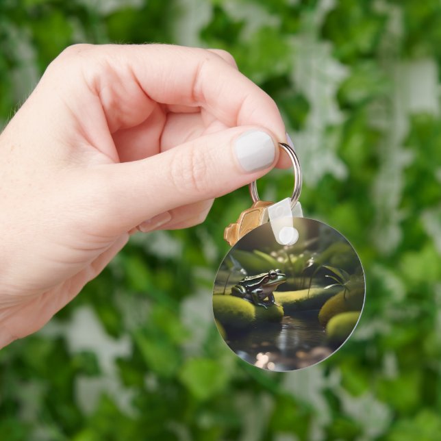 Emerald Serenity: A Green Frog by the River, Keychain (Hand)