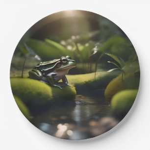 Emerald Serenity: A Green Frog by the River, Paper Plates