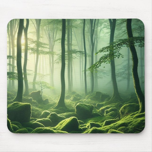 Emerald Serenity – Misty Forest Glow Mouse Pad (Front)