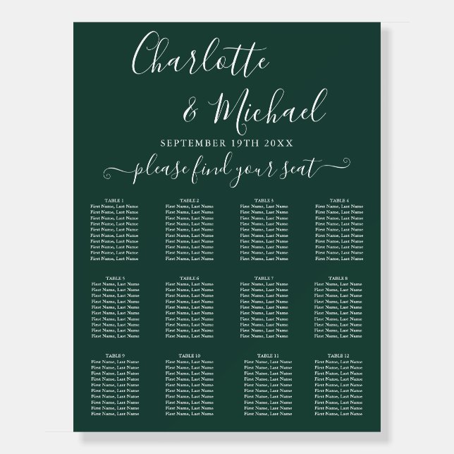 Emerald Signature Script Wedding Seating Chart Foam Board (Front)