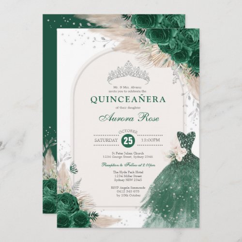 Emerald Silver Boho Roses Princess Quinceaera Invitation