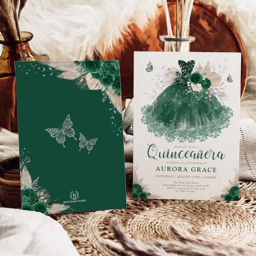 Emerald Silver Floral Quinceaera Dress Mis Quince Invitation