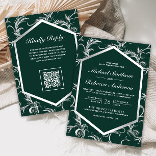 Emerald Silver Flourish Swirl QR Code Wedding Invitation