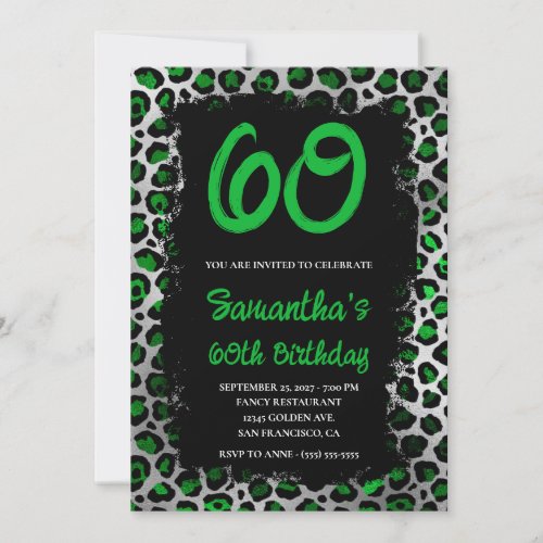 Emerald Silver Leopard Painted Black 60th Birthday Invitation