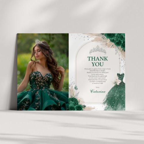 Emerald Silver Quinceanera Photo Thank You Card
