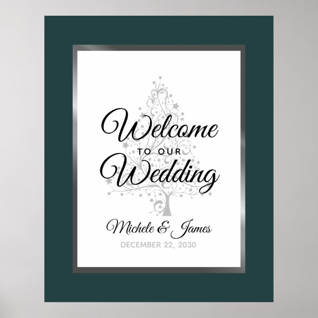 Emerald Silver Winter Holiday Wedding Welcome Poster (Front)