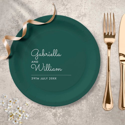 Emerald Simple Elegant Script Wedding Paper Plates
