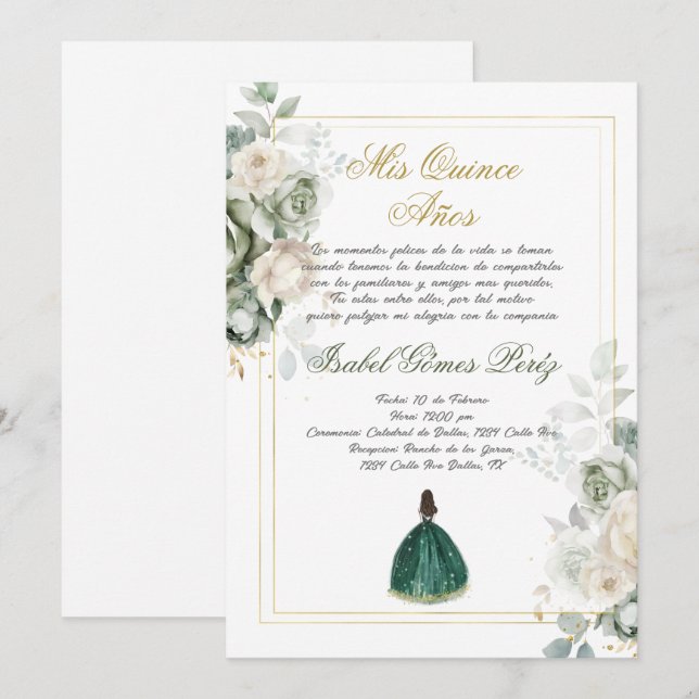 Emerald Spanish Quinceanera  Invitation (Front/Back)