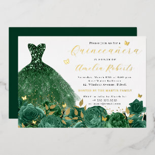 Emerald Sparkle Dress Gold Floral Butterfly  Foil Invitation