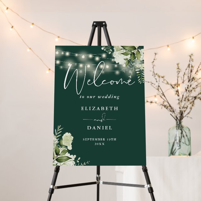 Emerald String Lights Floral Wedding Welcome  Foam Board (In Situ (Stand))