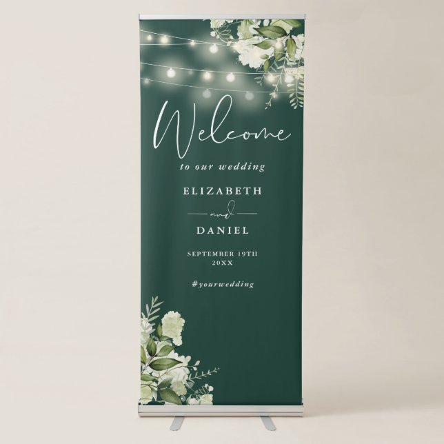 Emerald String Lights Floral Wedding Welcome Retractable Banner (Front)