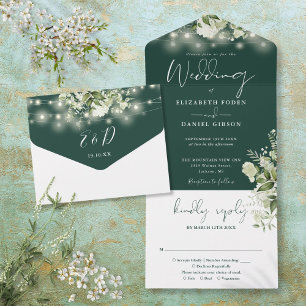 Emerald String Lights Greenery Monogram Wedding All In One Invitation