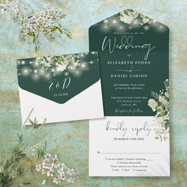 Emerald String Lights Greenery Monogram Wedding All In One Invitation (Emerald String Lights Greenery Monogram Wedding All In One Invitation)