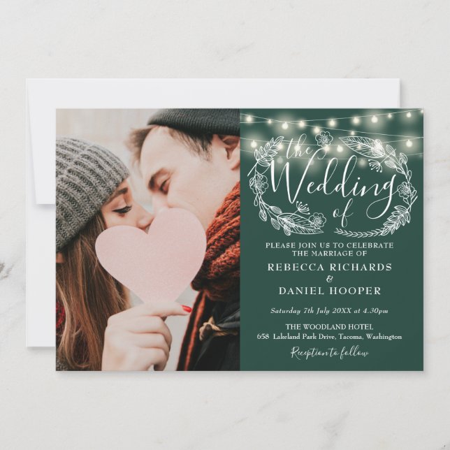 Emerald String Lights Photo All In One Wedding Invitation (Front)