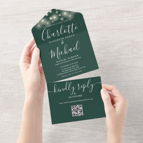 Emerald String Lights QR Code Monogram Wedding  All In One Invitation