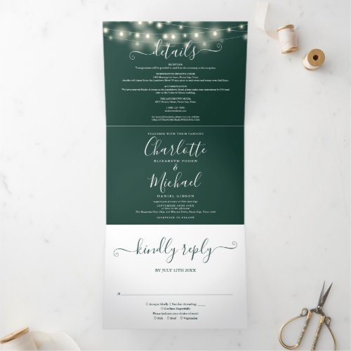 Emerald String Lights Script Monogram Wedding Tri_Fold Invitation