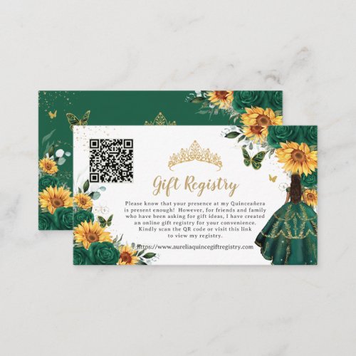 Emerald Sunflower Floral Quinceaera Gift Registry Enclosure Card