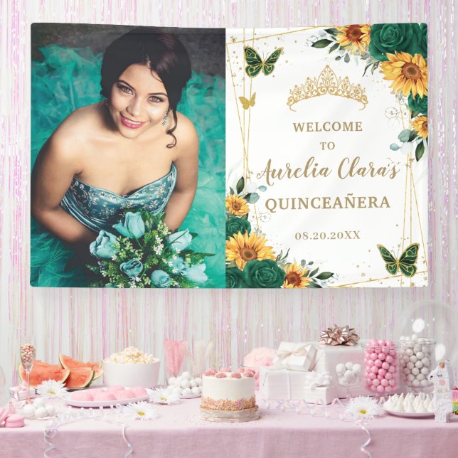 Emerald Sunflowers Quinceañera Welcome Backdrop Banner (Party)