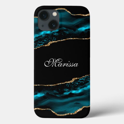 Emerald Teal Agate Gold Glitter iPhone 13 Case